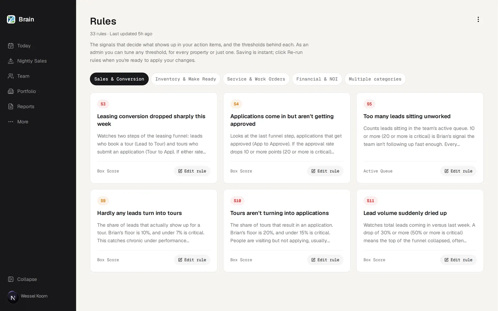 The platform's rules engine: 33 tunable KPI signals, grouped by category, decide what surfaces as an action