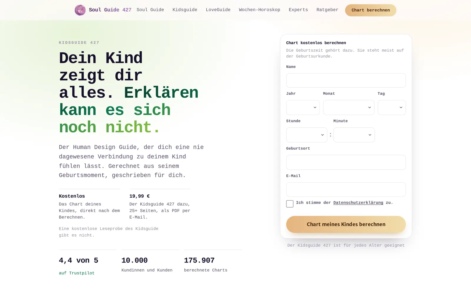 The Kidsguide 427 sales page: a Human Design guide about your child, in its green art direction