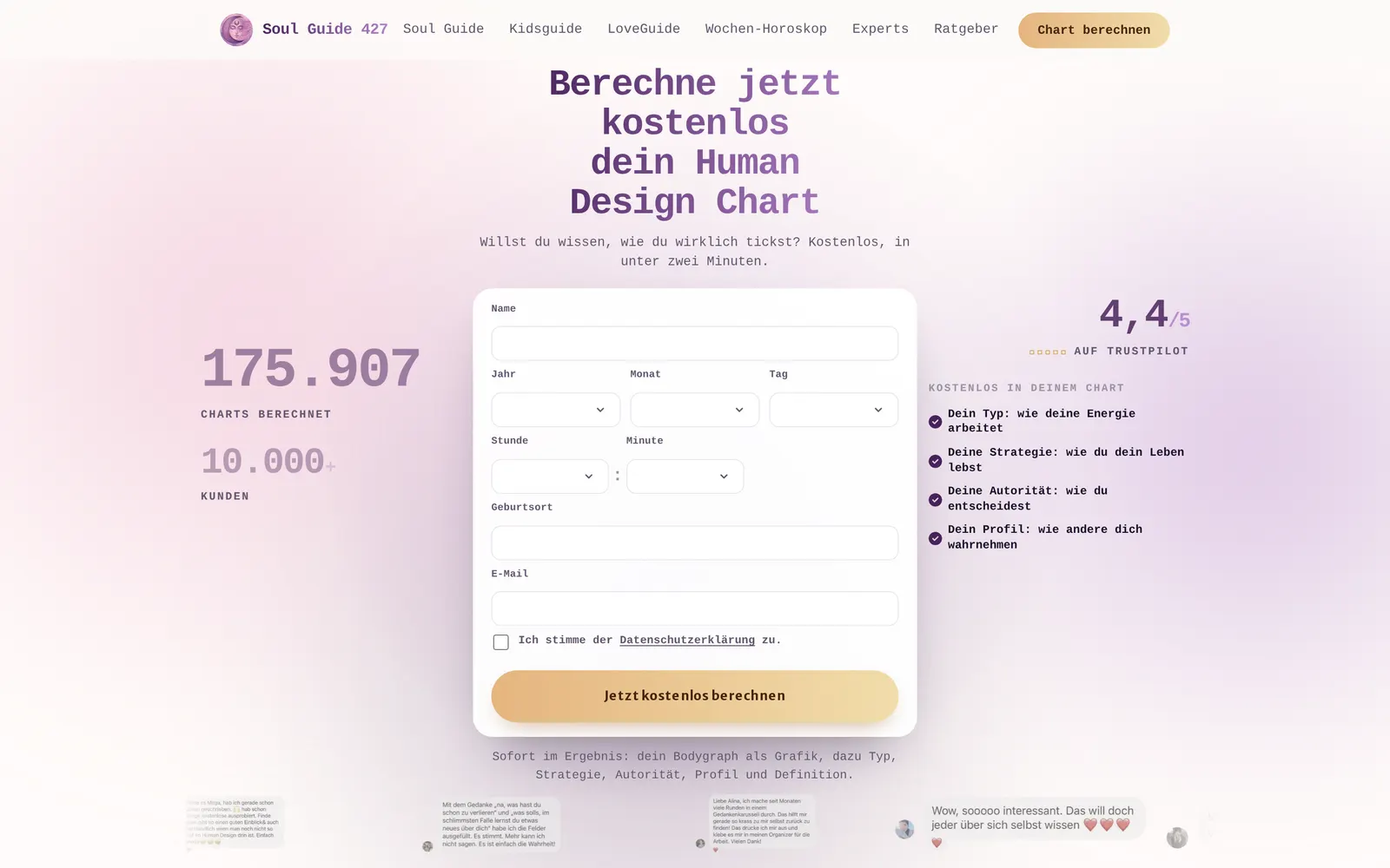 Soul Guide 427's homepage: the free Human Design chart calculator with its chart counter and Trustpilot rating