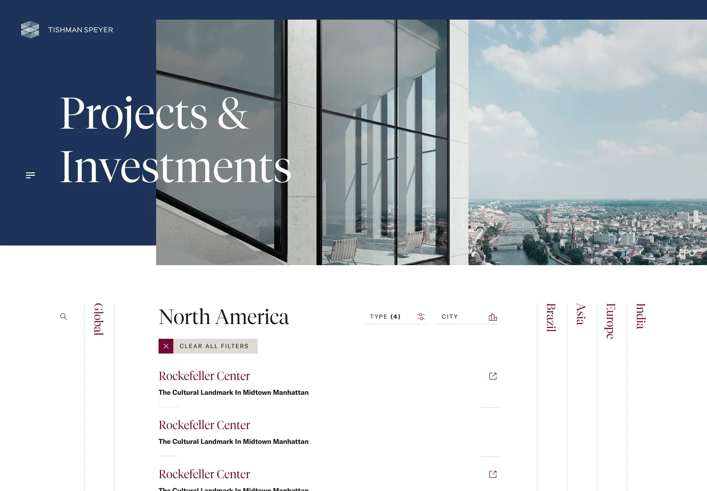 Projects and investments, filterable by region