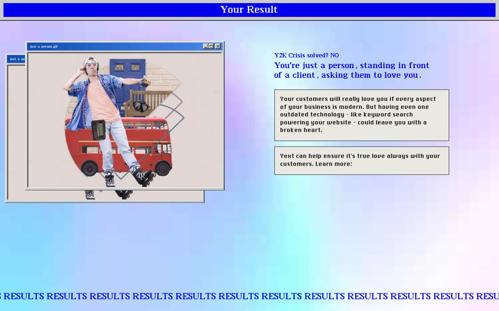 The Y2K-styled result screen delivering the campaign's punchline for Yext
