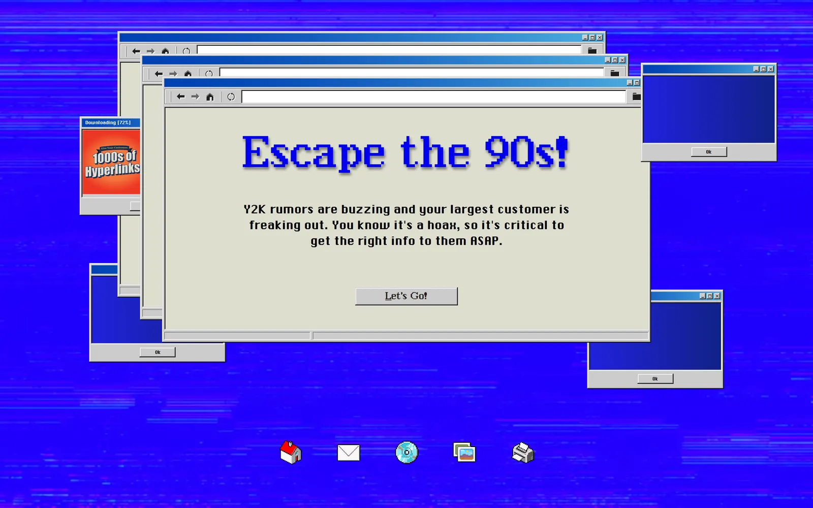 Escape the 90s: the campaign's intro dialog stacked over a glitchy Windows-95 desktop